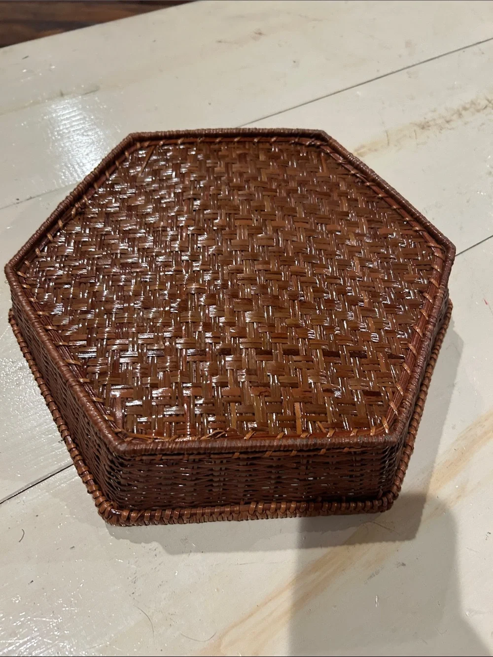 Vintage Woven Hexagon Brown Decorative Basket - Home Accents